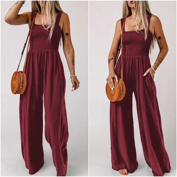 White Boho Floral Smocked Wide Leg Short Puff Sleeve Jumpsuit main image 0